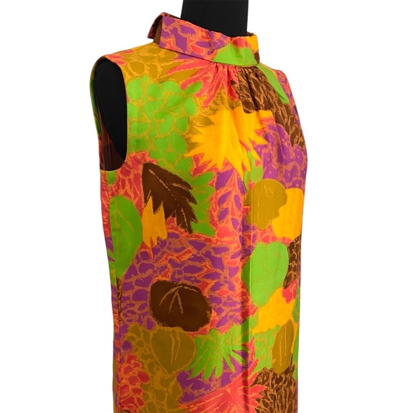 Vintage 60s 70s Maxi Dress Tiki Tropical Floral Cotton Orange Retro Mod M 8 10 - Picture 4 of 14